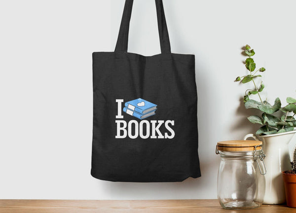I Love Books Tote Bag, Tote Bag Black by BootsTees