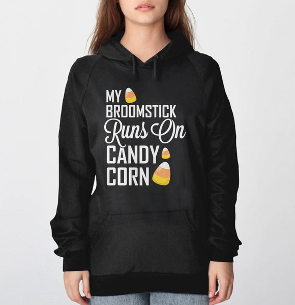 My Broomstick Runs on Candy Corn Halloween Sweater, Black Crew Sweatshirt S by BootsTees