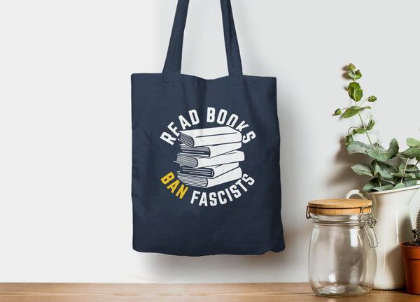 Read Books Ban Fascists Tote Bag, Tote Bag Navy Blue by BootsTees