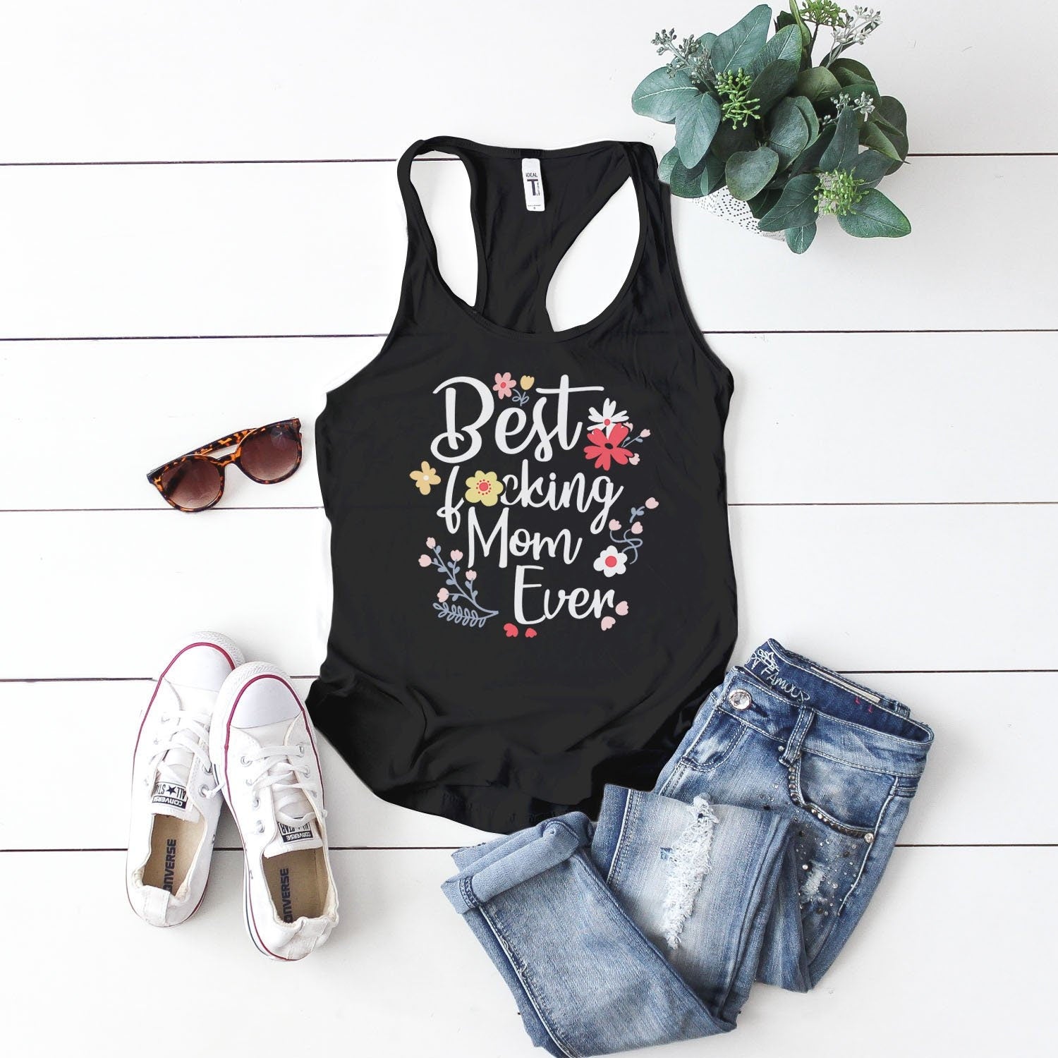 Best F*cking Mom Ever Tank | Funny Mothers Day Tank Top for Mom, Black Womens Racerback S by BootsTees