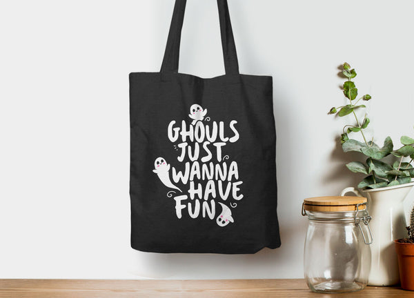 Ghouls Just Want to Have Fun Halloween Tote Bag, Tote Bag Black by BootsTees