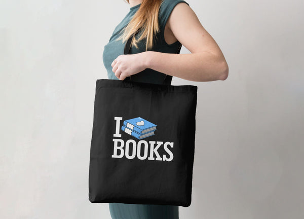 I Love Books Tote Bag, Tote Bag Black by BootsTees