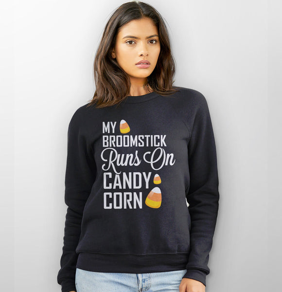 My Broomstick Runs on Candy Corn Halloween Sweater, Black Crew Sweatshirt S by BootsTees