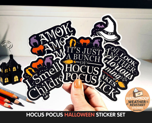 A cute set of 4 waterproof Hocus Pocus stickers for Halloween. Included are four high quality vinyl decals with quotes from the Sanderson Sisters in modern white text, and minimalist hairstyles in orange purple and gold on a smooth black background