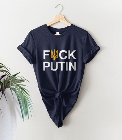F*ck Putin Shirt with Ukraine Flag Trident, Navy Blue Unisex XS by BootsTees
