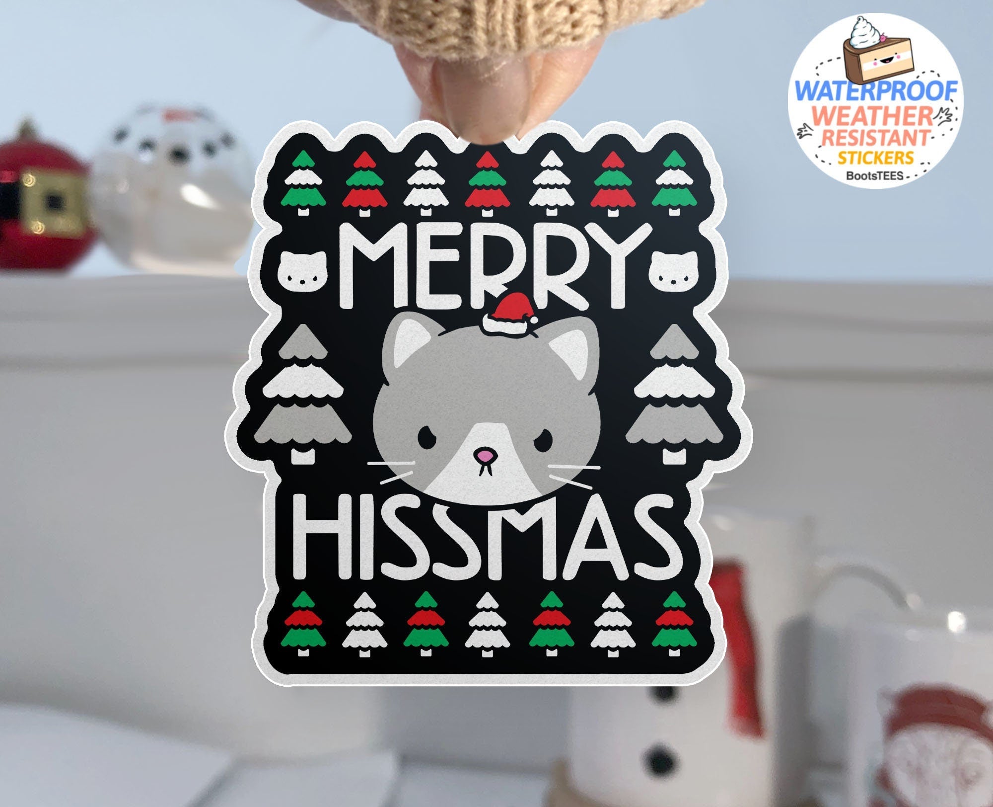 Merry Hissmas Christmas Cat Sticker, One (1) Sticker by BootsTees